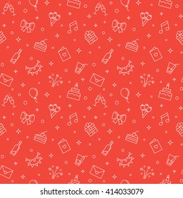 Happy birthday party red vector seamless pattern. Modern outline minimalistic design.
