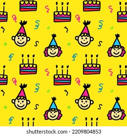 Happy birthday party seamless pattern with girl, boy and birthday cake