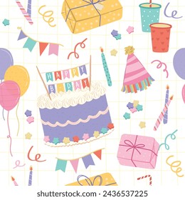 Happy birthday party seamless pattern for gift wrapping and decoration