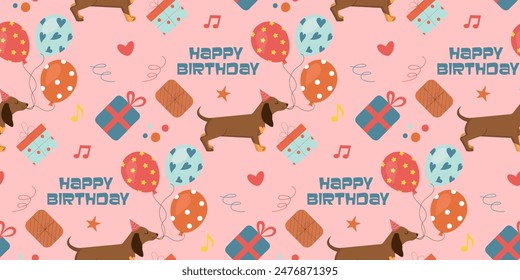 Happy Birthday party seamless pattern in hand-drawn style with doggy dachshund, presents and ballons. Bright vector background texture for cover, wrapping paper, package, invitation, greeting card.