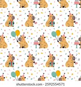 Happy birthday party seamless pattern with cute capybaras. Vector print with funny amusing capybara characters celebrating birthday. Childish baby adorable animals pattern on white background.