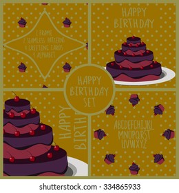 Happy Birthday party set with cake and cupcake. Vector collections