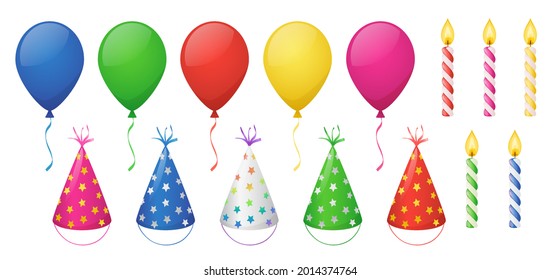 Happy birthday party set with color balloons, cone hats and cake candles. Vector cartoon objects for festive decoration. Inflatable air balloons, spiral wax sticks and party caps