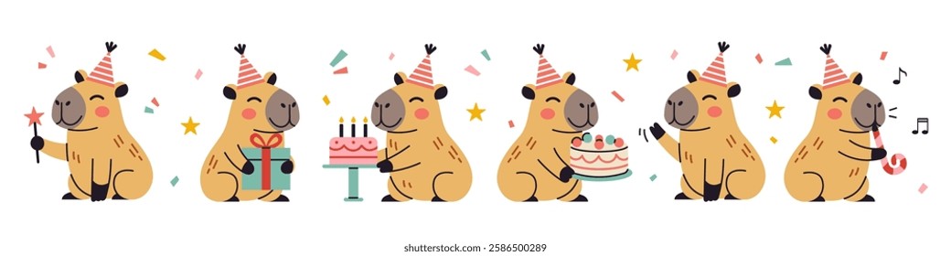 Happy birthday party set with cute capybaras. Vector collection of Funny amusing capybara characters celebrating birthday. Childish baby adorable nice animals cliparts.