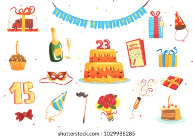 Happy Birthday Party Set Of Isolated Cute Cartoon Objects Related To Partying And Celebrating