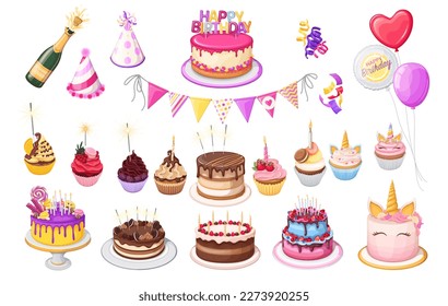 Happy birthday party set vector illustration. Cartoon isolated different carnival balloons, flags and hats, cupcakes and cakes with decoration, desserts of confectionery menu to celebrate birthday