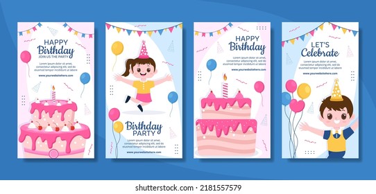 Happy Birday Party Social Media Stories Template Flat Cartoons Background Vector Illustración