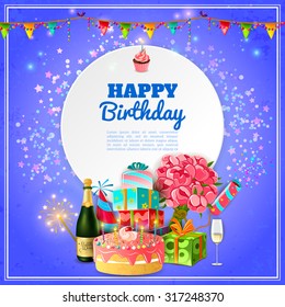 Happy birthday party template for background or invitation card with cake champagne and decorations abstract vector illustration