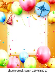 Happy birthday party template with colorful balloons, gift boxes and confetti on orange background. Space for your text