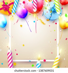 Happy birthday party template with colorful balloons, candles, gift boxes and confetti. Space for your text