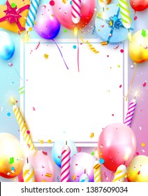 Happy birthday party template with colorful balloons, candles, gift boxes and confetti. Space for your text