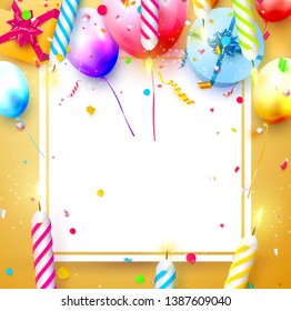 Happy birthday party template with colorful balloons, candles, gift boxes and confetti on orange background. Space for your text