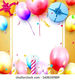 Happy birthday party template with colorful balloons, gift boxes and confetti on orange background. Space for your text
