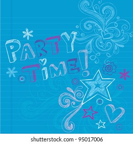 Happy Birthday Party Time Sketchy Back to School Hand-Drawn Notebook Doodles Vector Illustration Design Elements on Lined Sketchbook Paper Background