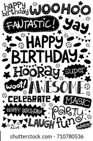 Happy birthday party typography graphics in different fonts and lettering