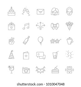 Happy birthday party vector big outline icon set. Clear and simple design.
