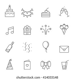 Happy birthday party vector icons set. Modern outline minimalistic design.