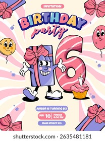 happy birthday party vector template with cartoon groovy character gift box with bow and number 6 years