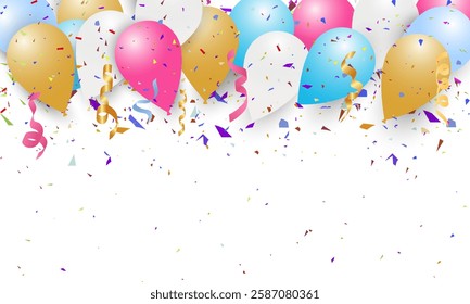 Happy birthday party. A white background decorated with glittering confetti. Birthday balloons vector with confetti decoration element. Happy anniversary. celebration greeting card, poster, design.