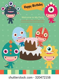 Happy birthday party,kids,Vector logo template , monsters
