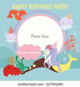 Happy Birthday Party,kids,Vector Logo Template , Mermaid