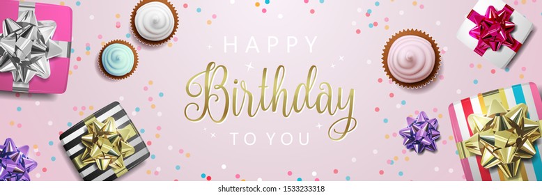 Happy Birthday pastel banner background with gift boxes, cupcakes, confetti and decoration vector