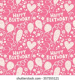 Happy Birthday. Pattern with balloons and streamers on a pink background.