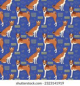 Happy Birthday Pattern with Basenji dog in a party hat, seamless texture.Repeatable tiles, wrapping paper, blue background with Holiday elements, wallpaper with line art cake, and fancy icons.Art deco
