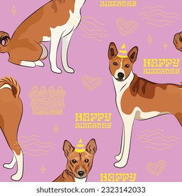 Happy Birthday Pattern with Basenji dog in a party hat, seamless texture.Repeatable tiles, wrapping paper, pink background with Holiday elements, wallpaper with line art cake, and fancy icons.Art deco