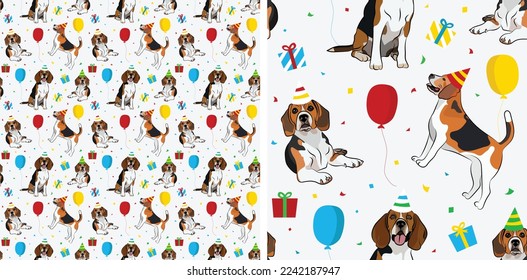 Happy Birthday Pattern with Beagle dog in a party hat, seamless texture. Repeatable textile, wrapping paper, white background graphic design. Holiday wallpaper with dogs, confetti. Funny kids graphic.