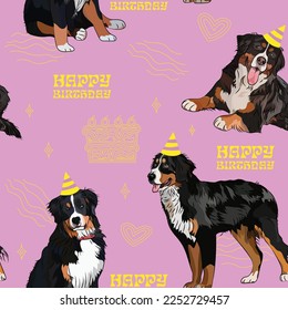 Fröhliches Geburtstagsmuster mit Berner Sennenhund Hund in einem Partyhut, nahtlose Textur. Wiederholbare Kacheln, Wickelpapier, lustig rosafarbener Hintergrund. Urlaubssaal mit Kunstkuchen, Berner Berner Berg.