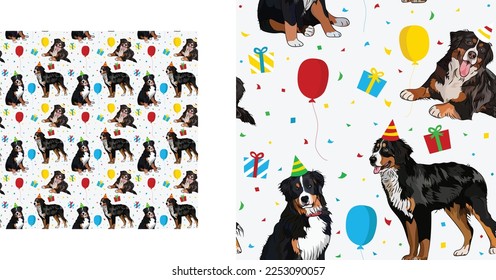 Fröhliches Geburtstagsmuster mit Berner Berg Hund in einem Partyhut, nahtlose Textur. Wiederholbare Textilien, Wickelpapier, weißer Hintergrund, Grafikdesign. Feiertagswallungen mit Sitzgelegenheit Berner Sennenhund