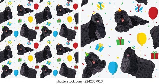 Happy Birthday Pattern with black Puli dog in a party hat, seamless texture. Repeatable textile, wrapping paper, white background graphic design. Holiday wallpaper with sitting dogs, confetti.