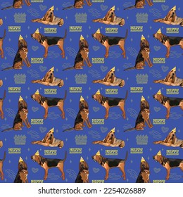 Happy Birthday Pattern with Bloodhound dog in a party hat, seamless texture. Repeatable tiles, wrapping paper, funny blue background. Holiday wallpaper with line art cake and bright elements.