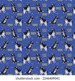 Happy Birthday Pattern with border collie dog in a party hat, seamless texture.Repeatable tiles, wrapping paper, blue background.Holiday wallpaper with line art cake and fancy heart elements.