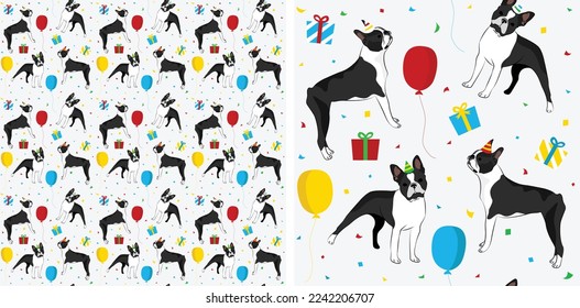 Patrón de cumpleaños feliz con el perro de Boston Terrier en un sombrero de fiesta, textura perfecta. Textil repetible, papel envolvente, diseño gráfico de fondo blanco. Papel de pared de vacaciones con perros de vacaciones, y confeti.