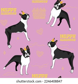 Happy Birthday Pattern and Boston Terrier dog in party hat  seamless texture Repeatable tiles  wrapping paper  pink background Holiday wallpaper and line art cake   fancy heart element 