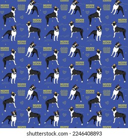 Happy Birthday Pattern with Boston Terrier dog in a party hat, seamless texture.Repeatable tiles, wrapping paper, blue background.Holiday wallpaper with line art cake and fancy heart element.