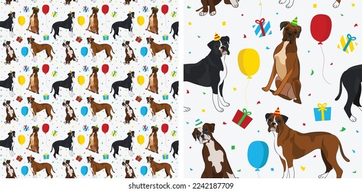 Happy Birthday Pattern with Boxer dog in a party hat, seamless texture. Repeatable textile, wrapping paper, white background graphic design. Holiday wallpaper with dogs, confetti. Funny illustration.