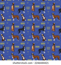 Happy Birthday Pattern with Boxer dog in a party hat, seamless texture.Repeatable tiles, wrapping paper, blue  background.Holiday wallpaper with line art cake and fancy icon cake element.