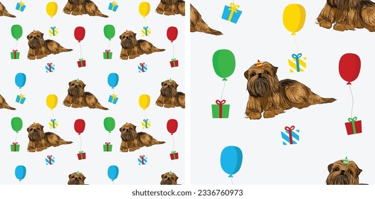 Happy Birthday Pattern with brussels griffon in a party hat, seamless texture. Repeatable textile, wrapping paper, white background graphic design. Holiday wallpaper with sitting cute dogs. Pet icon.