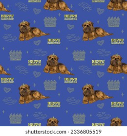 Happy Birthday Pattern with brussels griffon in a party hat, seamless Holiday background with birthday elements icons. Repeatable tiles, wrapping paper, blue, wallpaper with line art cake, art deco.