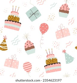 Happy birthday pattern. Cakes, balloons, gifts and party hats. Festive background in simple style, vector illustration