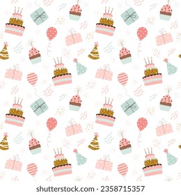 Happy birthday pattern. Cakes, balloons, gifts and party hats. Festive background in simple style, vector illustration