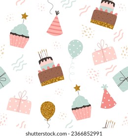 Happy birthday pattern. Cakes, balloons, gifts and party hats. Festive background in simple style, vector illustration