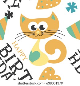 Happy birthday. Pattern with cat vector illustration
