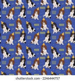 Fröhliches Geburtstagsmuster mit kavalieren König-Charles spaniel Hund in einer Party-Hut, nahtlose Textur.Wiederholbare Kacheln, Wickelpapier, dunkelblauer Hintergrund.Feiertagswallpaper mit Linie Kunstkuchen, Herzen.