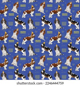 Patrón de cumpleaños feliz con el rey caballeroso charles spaniel dog en un sombrero de fiesta, textura sin fisuras.Baldosas repetibles, papel de envoltura, fondo azul oscuro.Papel pintado de vacaciones con pastel de arte de línea, corazones.