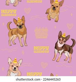 Happy Birthday Pattern with Chihuahua dog in a party hat, seamless texture.Repeatable tiles, wrapping paper, pink background.Holiday wallpaper with line art cake and fancy heart elements.