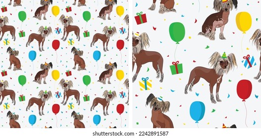 Happy Birthday Pattern with Chinese Crested dog in a party hat, seamless texture. Repeatable textile, wrapping paper, white background graphic design. Holiday wallpaper with sitting dogs, confetti.